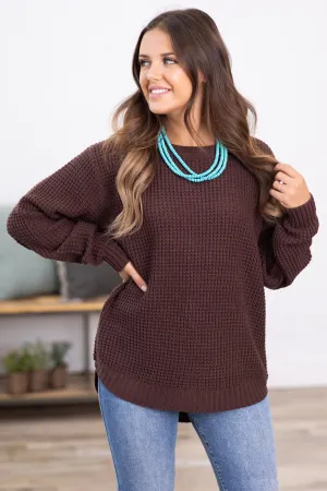 Dark Brown Waffle Knit Round Hem Sweater