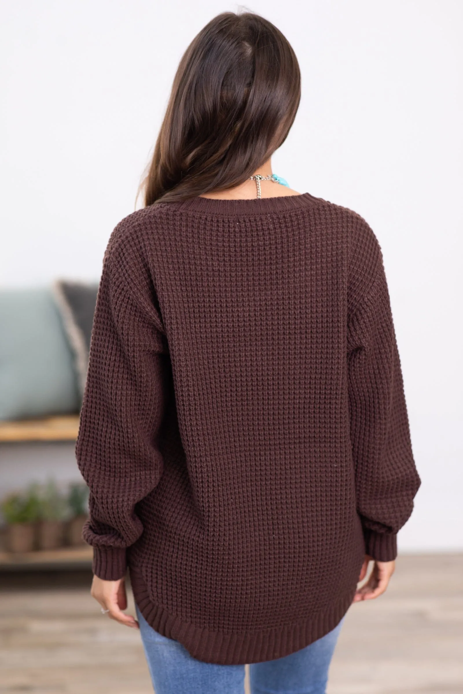Dark Brown Waffle Knit Round Hem Sweater