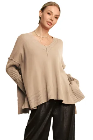 Davi & Dani Ribbed Side Slit V-Neck Sweater