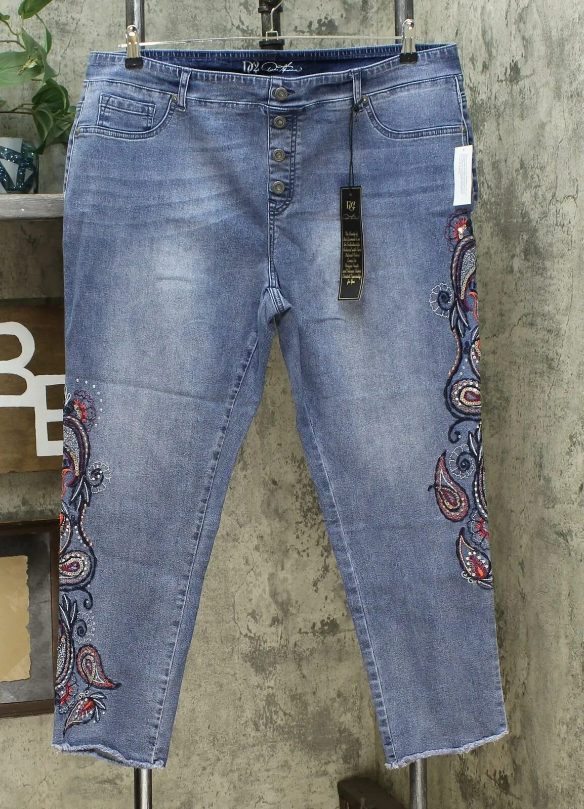 DG2 by Diane Gilman Women's Plus Size Embroidered Pull-On Faux Button Jeans