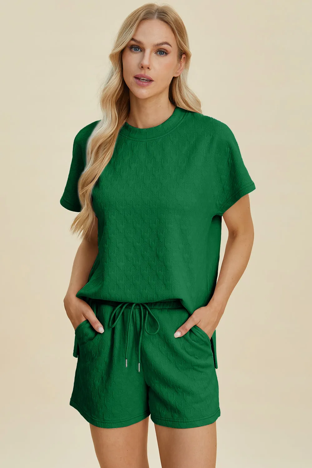 Double Take Full Size Texture Round Neck Short Sleeve Top and Shorts Set