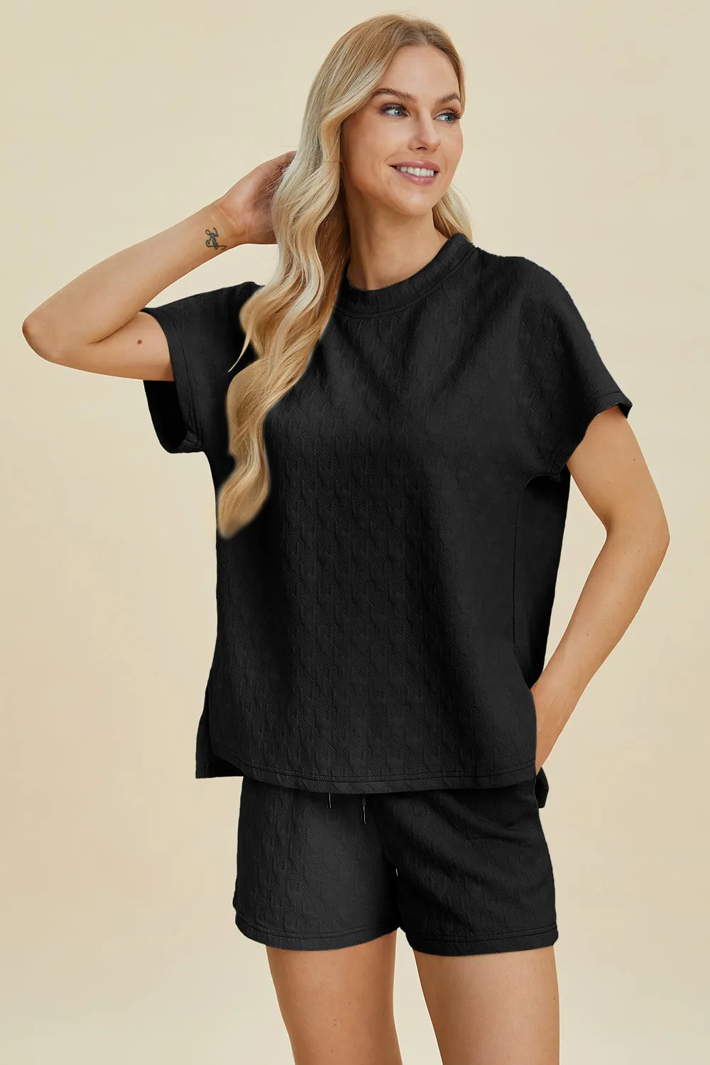 Double Take Full Size Texture Round Neck Short Sleeve Top and Shorts Set