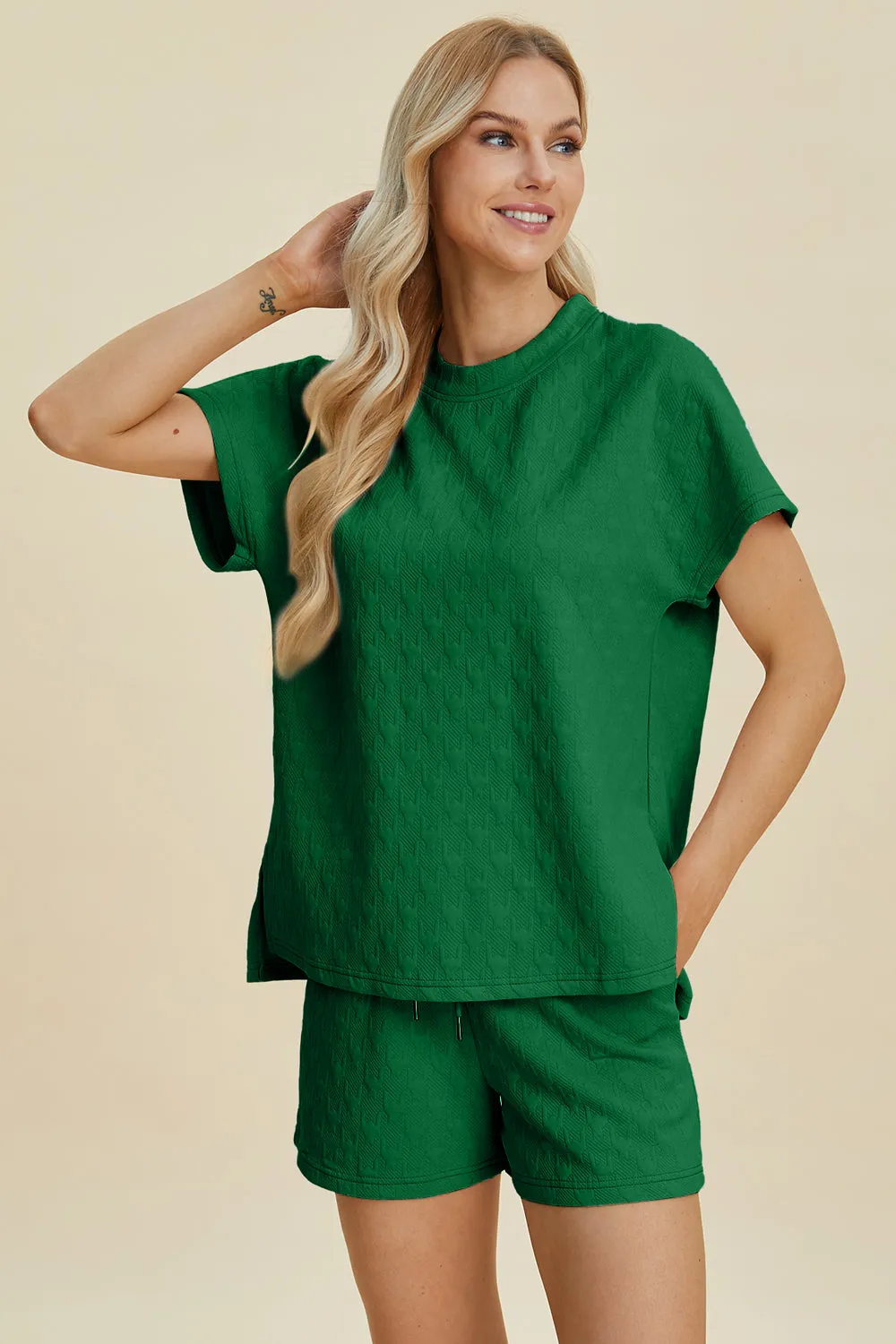 Double Take Full Size Texture Round Neck Short Sleeve Top and Shorts Set