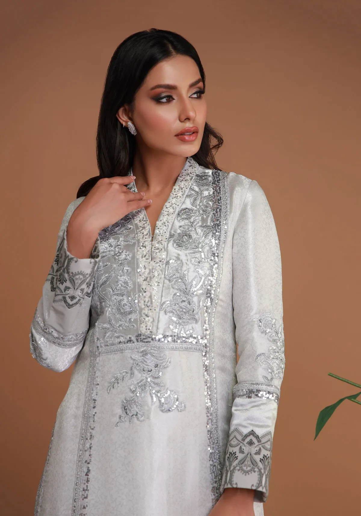 Embroidered Traditional Silver-Toned Kameez
