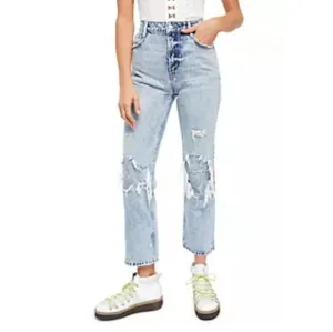 Free People We The Free My Own Lane Straight Leg Jeans Distressed Blue Size 30