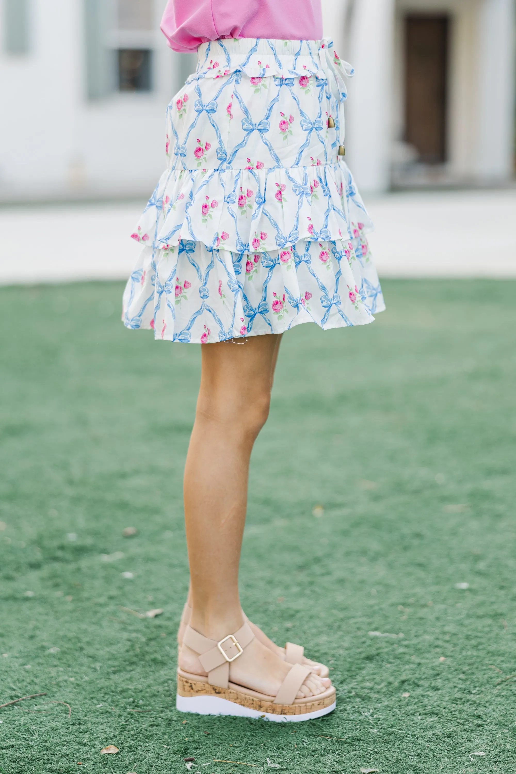 Girls: Take The Leap Blue Bow Print Cotton Skort