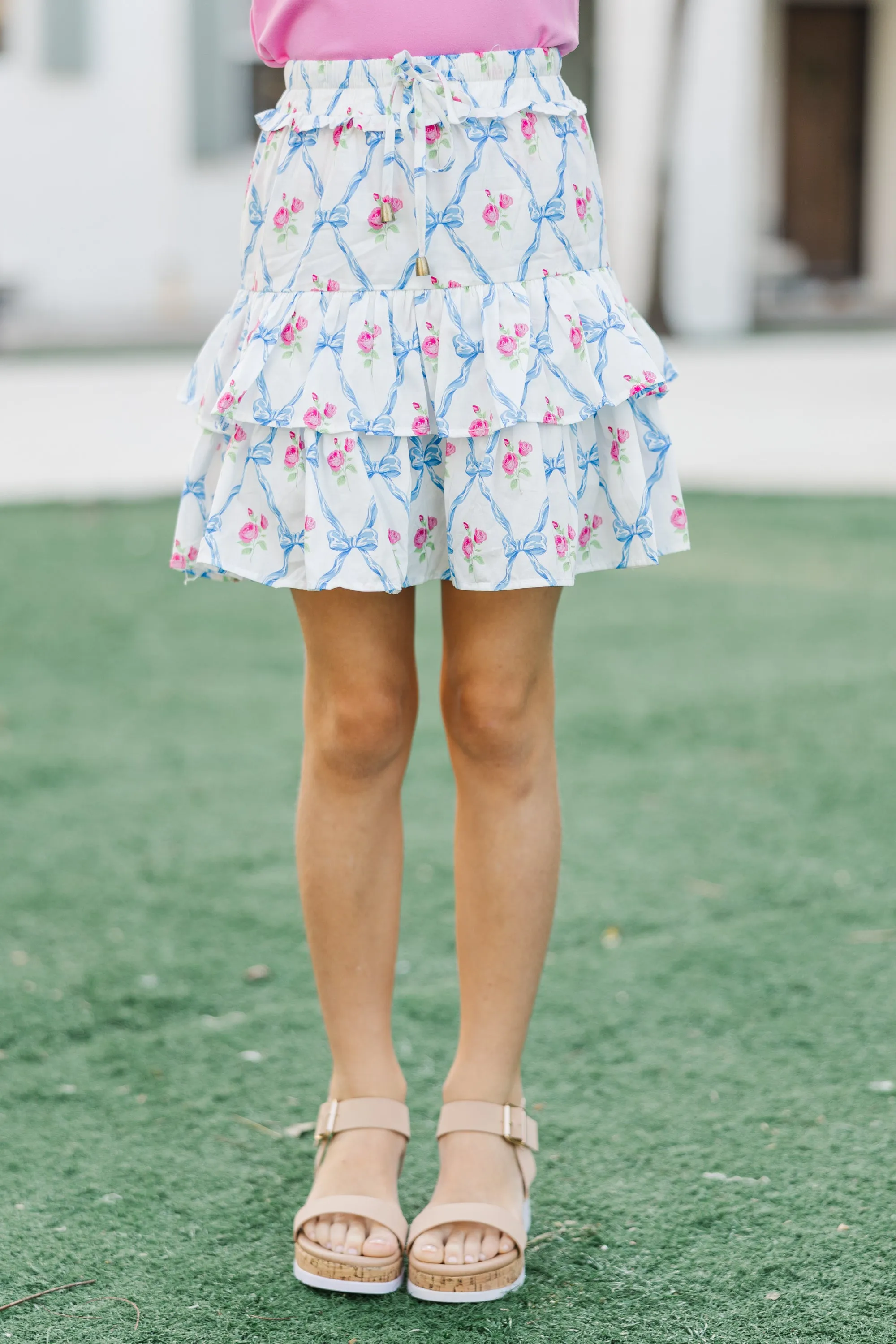 Girls: Take The Leap Blue Bow Print Cotton Skort