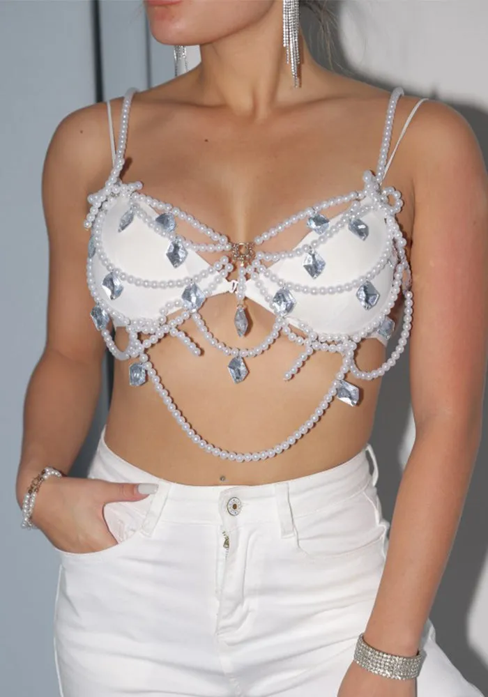 Glamorous Pearl and Crystal Embellished Chain Bra Top