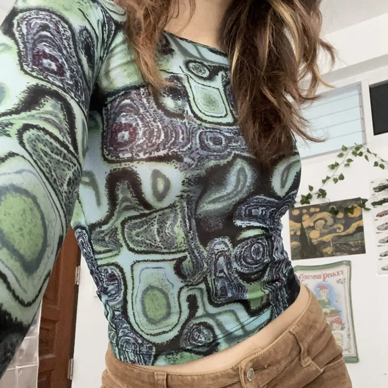Gothic Print Mesh T-shirt Women Long Sleeve Slim Fit Cropped Top Aesthetic Summer Tee Streetwear 90s Vintage Punk Style Tee