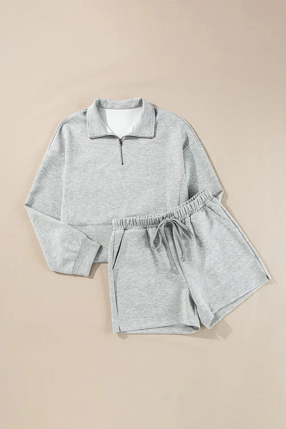 Half Zip Long Sleeve Top and Drawstring Shorts Set