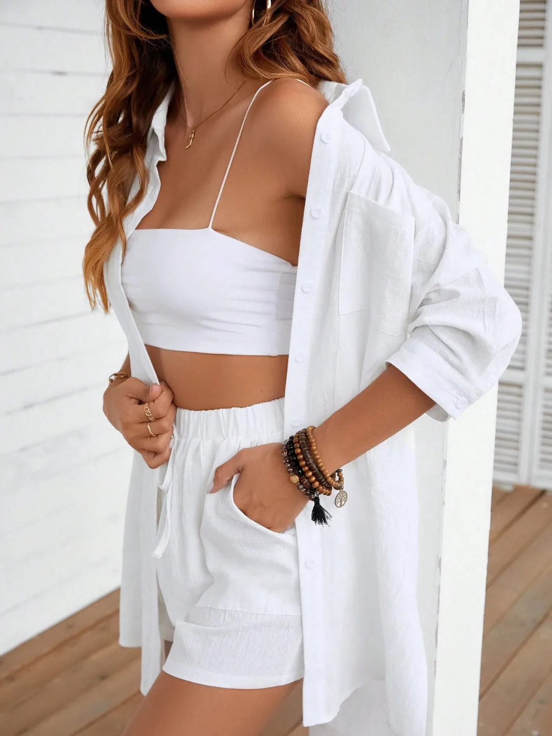 Hazel Blues® |  Dropped Shoulder Button Up Shirt and Shorts Set