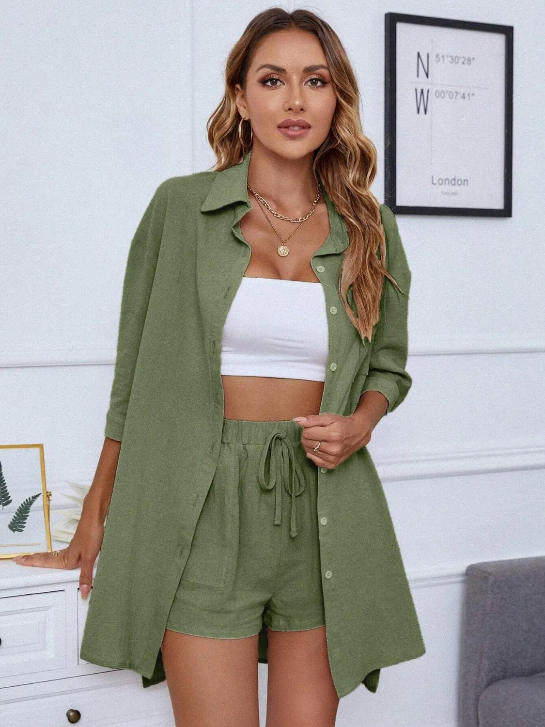 Hazel Blues® |  Dropped Shoulder Button Up Shirt and Shorts Set