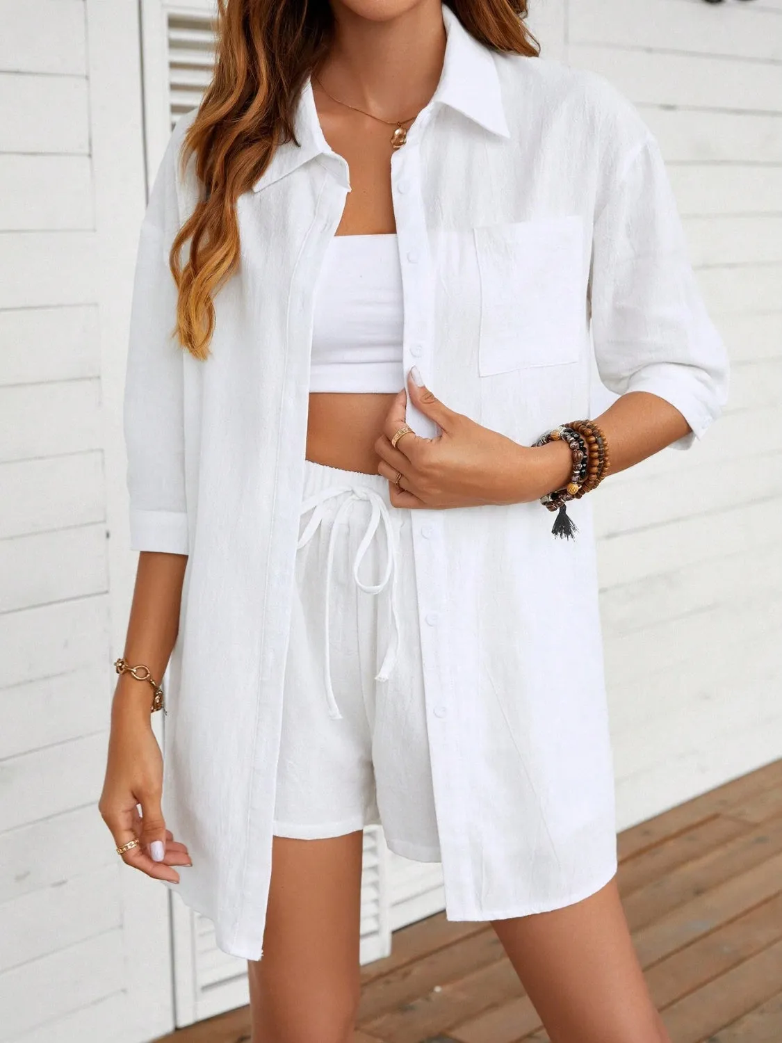 Hazel Blues® |  Dropped Shoulder Button Up Shirt and Shorts Set