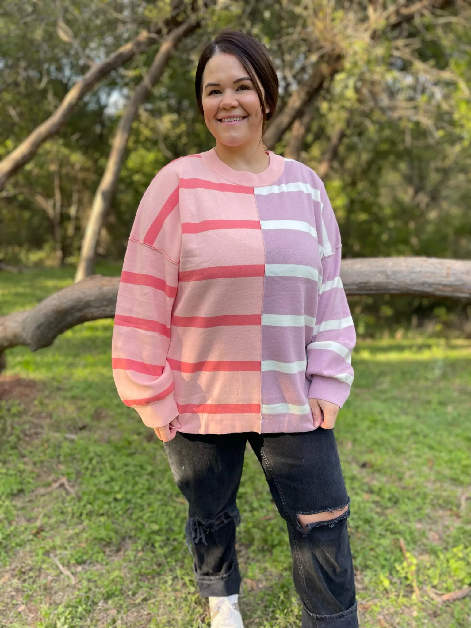 Hazel Blues® |  PREORDER: Exceptional Thought Striped Patchwork Sweater in Three Colors