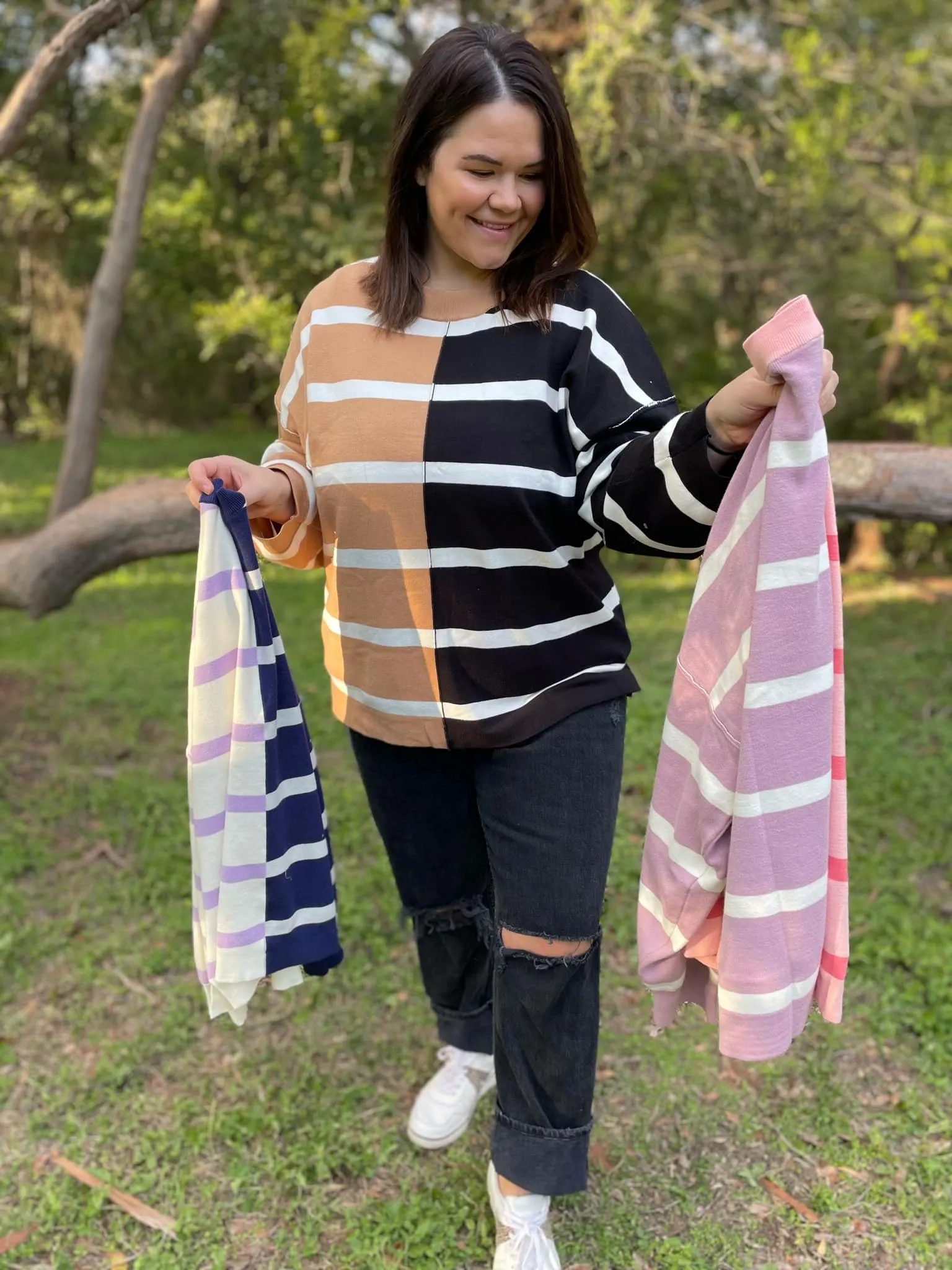Hazel Blues® |  PREORDER: Exceptional Thought Striped Patchwork Sweater in Three Colors