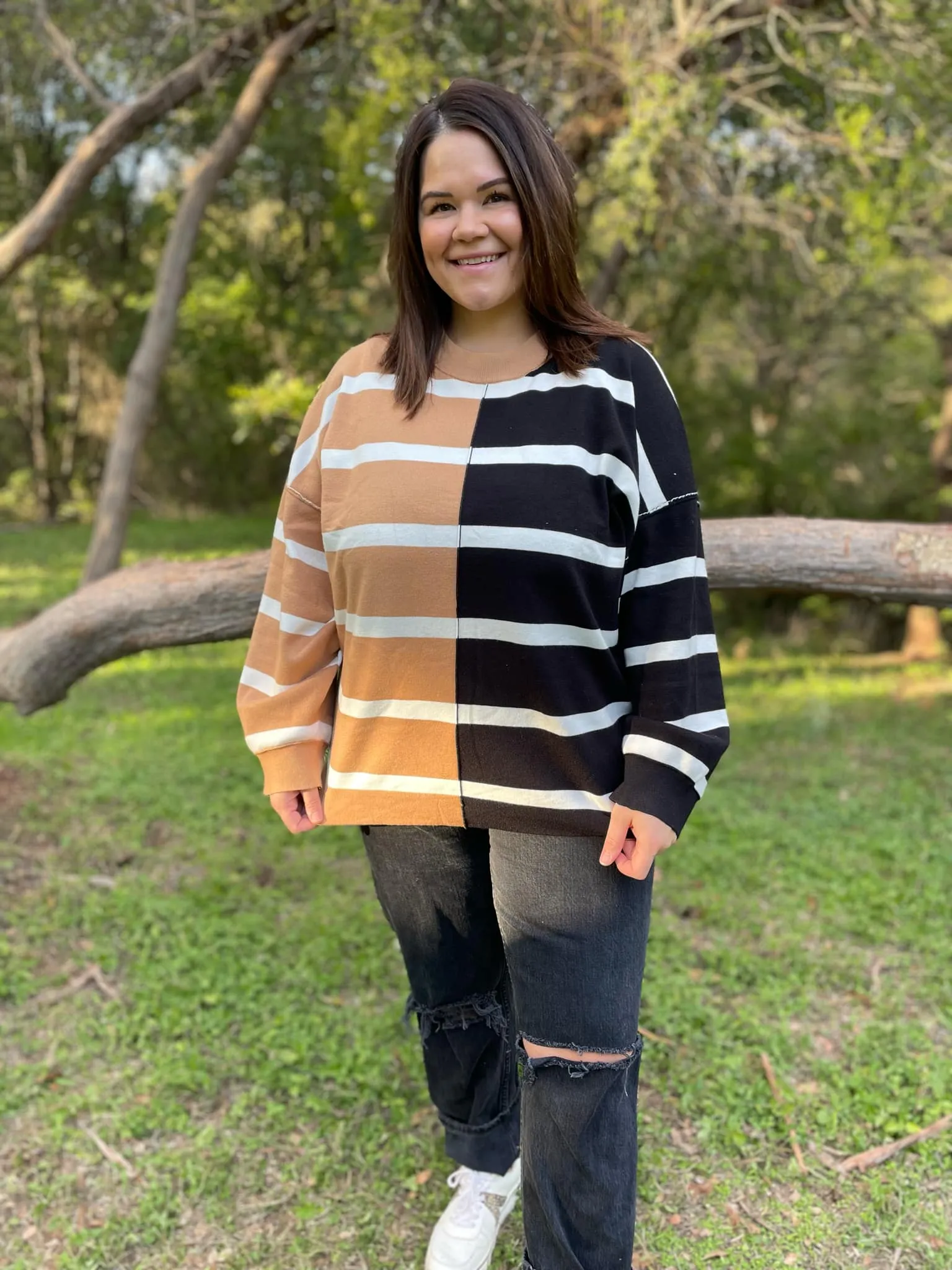 Hazel Blues® |  PREORDER: Exceptional Thought Striped Patchwork Sweater in Three Colors
