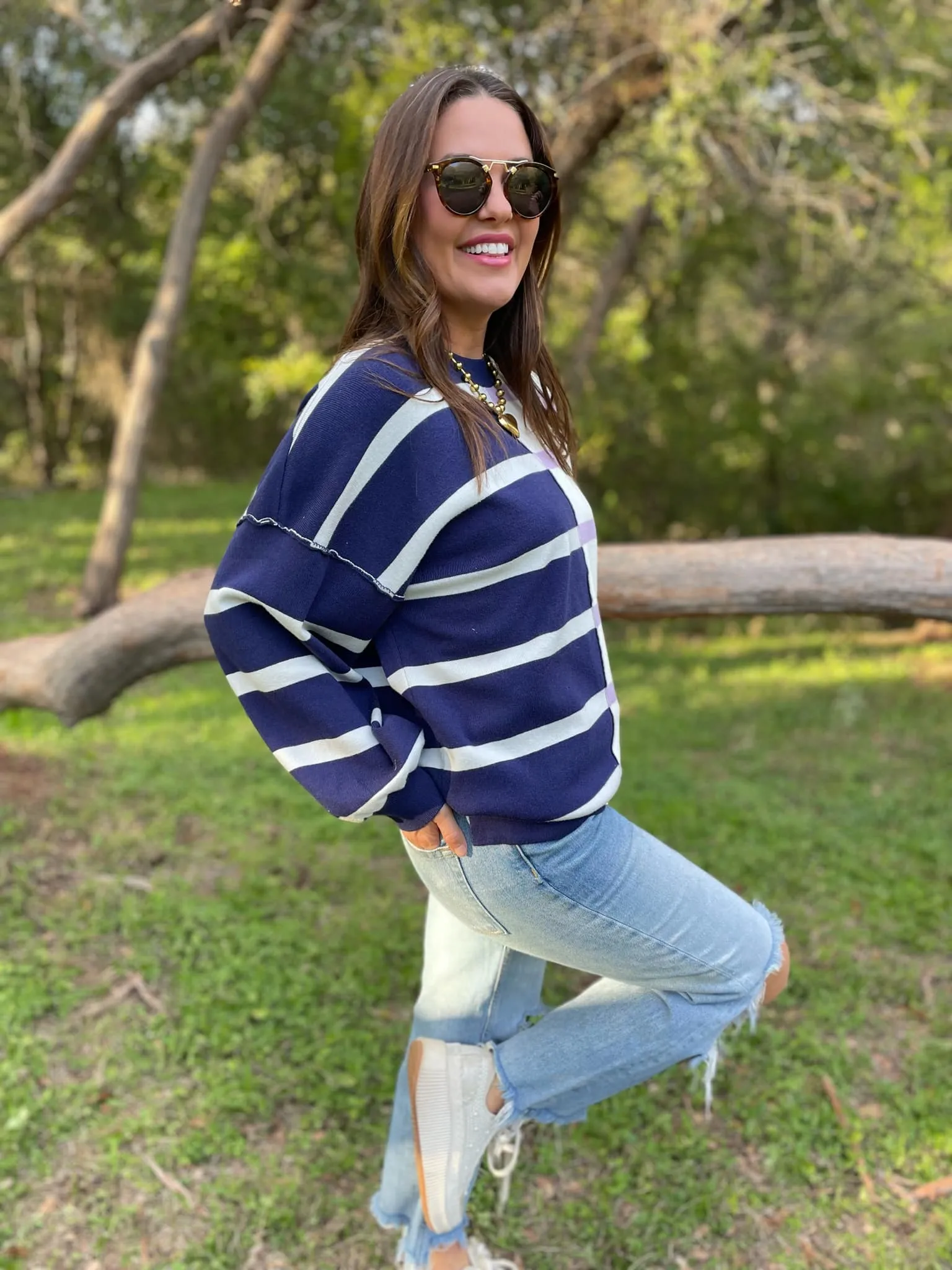 Hazel Blues® |  PREORDER: Exceptional Thought Striped Patchwork Sweater in Three Colors