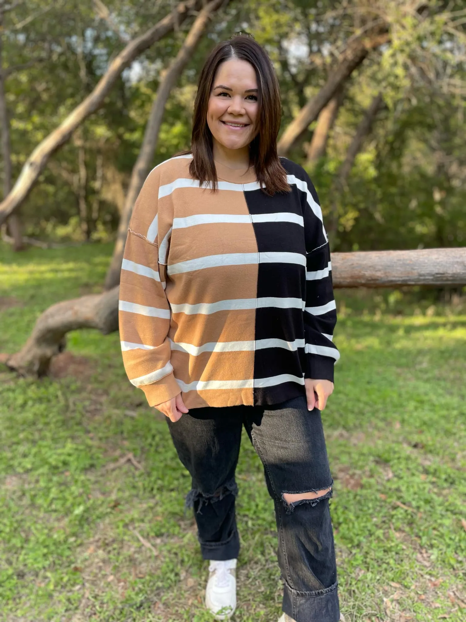 Hazel Blues® |  PREORDER: Exceptional Thought Striped Patchwork Sweater in Three Colors