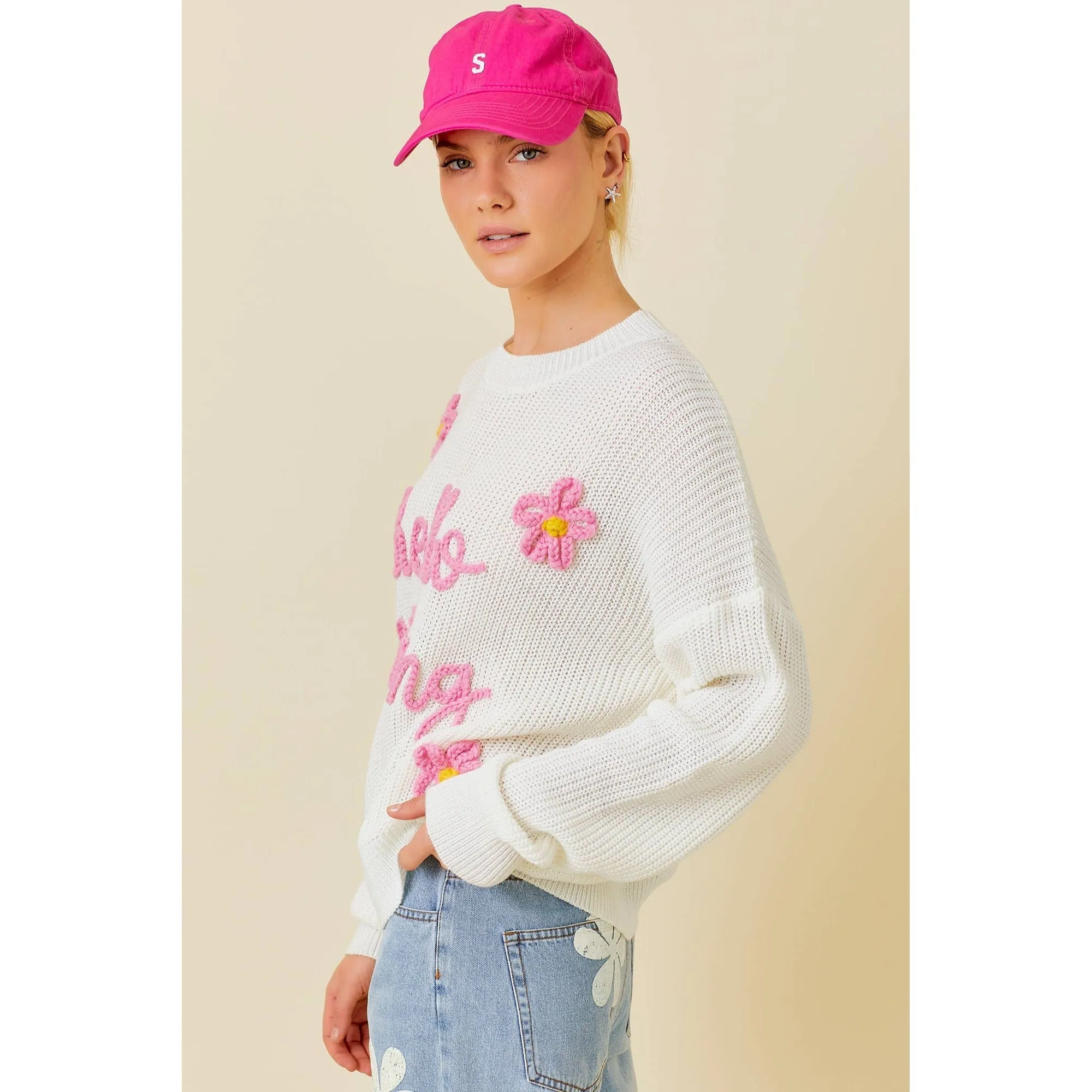 Hello Darling Flower Trim Sweater | Comfy Vintage Knit Sweatshirt [Sizes SM-L]