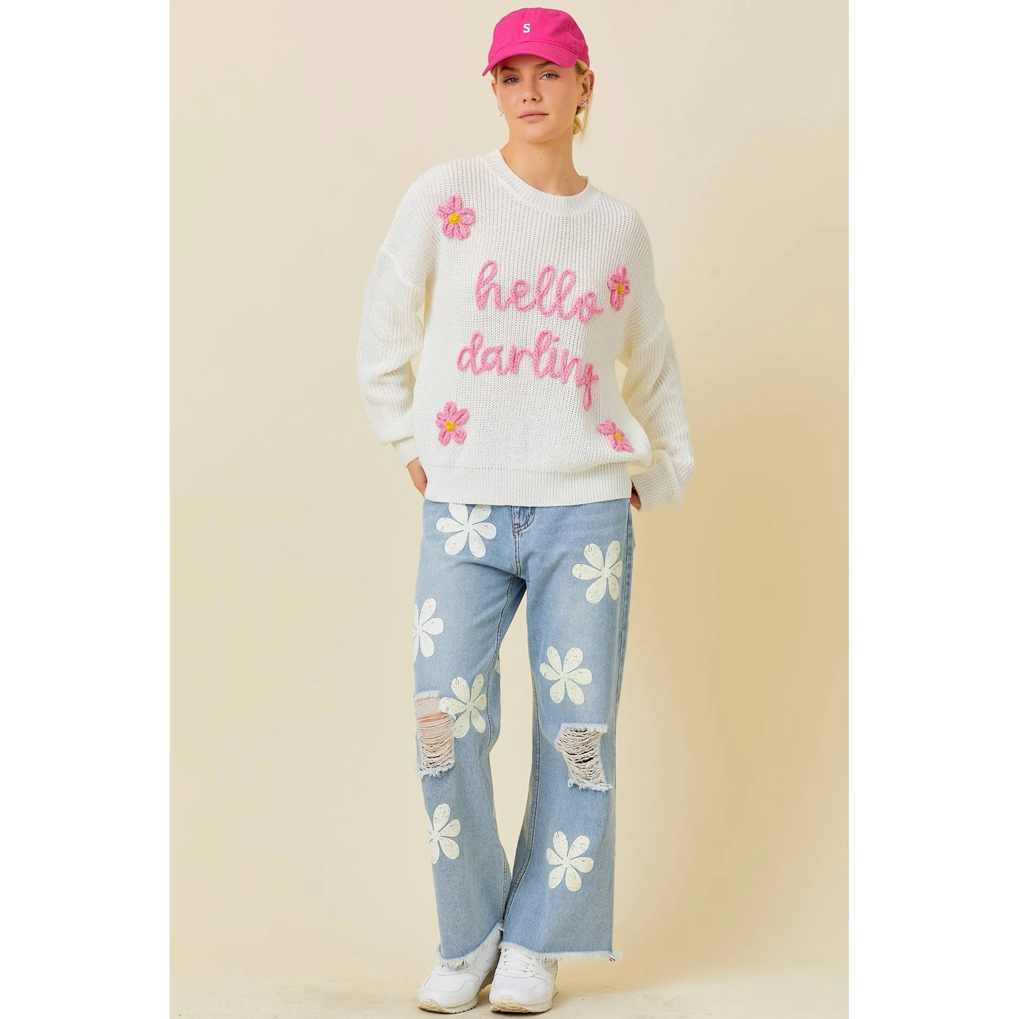 Hello Darling Flower Trim Sweater | Comfy Vintage Knit Sweatshirt [Sizes SM-L]