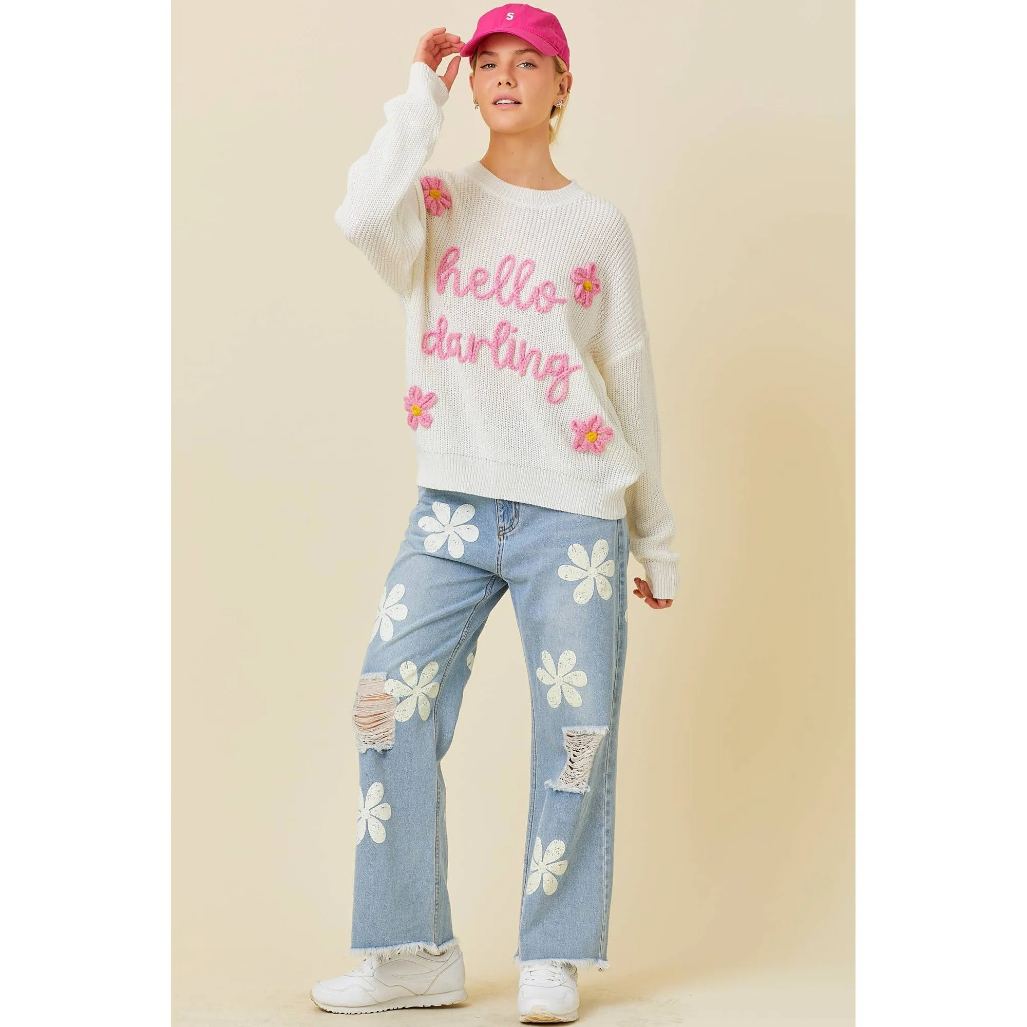 Hello Darling Flower Trim Sweater | Comfy Vintage Knit Sweatshirt [Sizes SM-L]