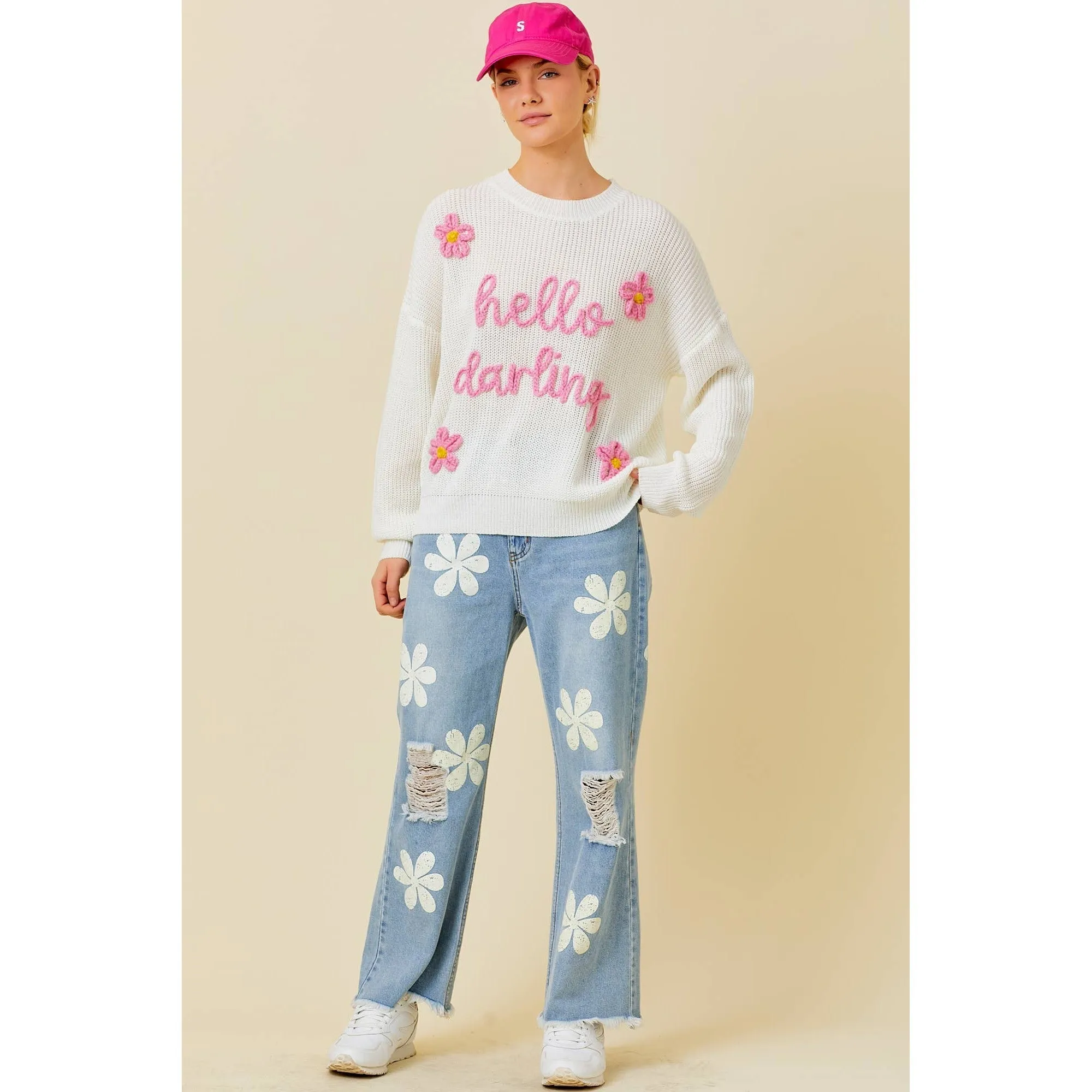 Hello Darling Flower Trim Sweater | Comfy Vintage Knit Sweatshirt [Sizes SM-L]