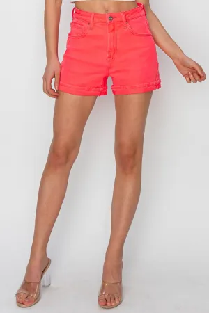 High Rise Cuffed Denim Shorts In Coral