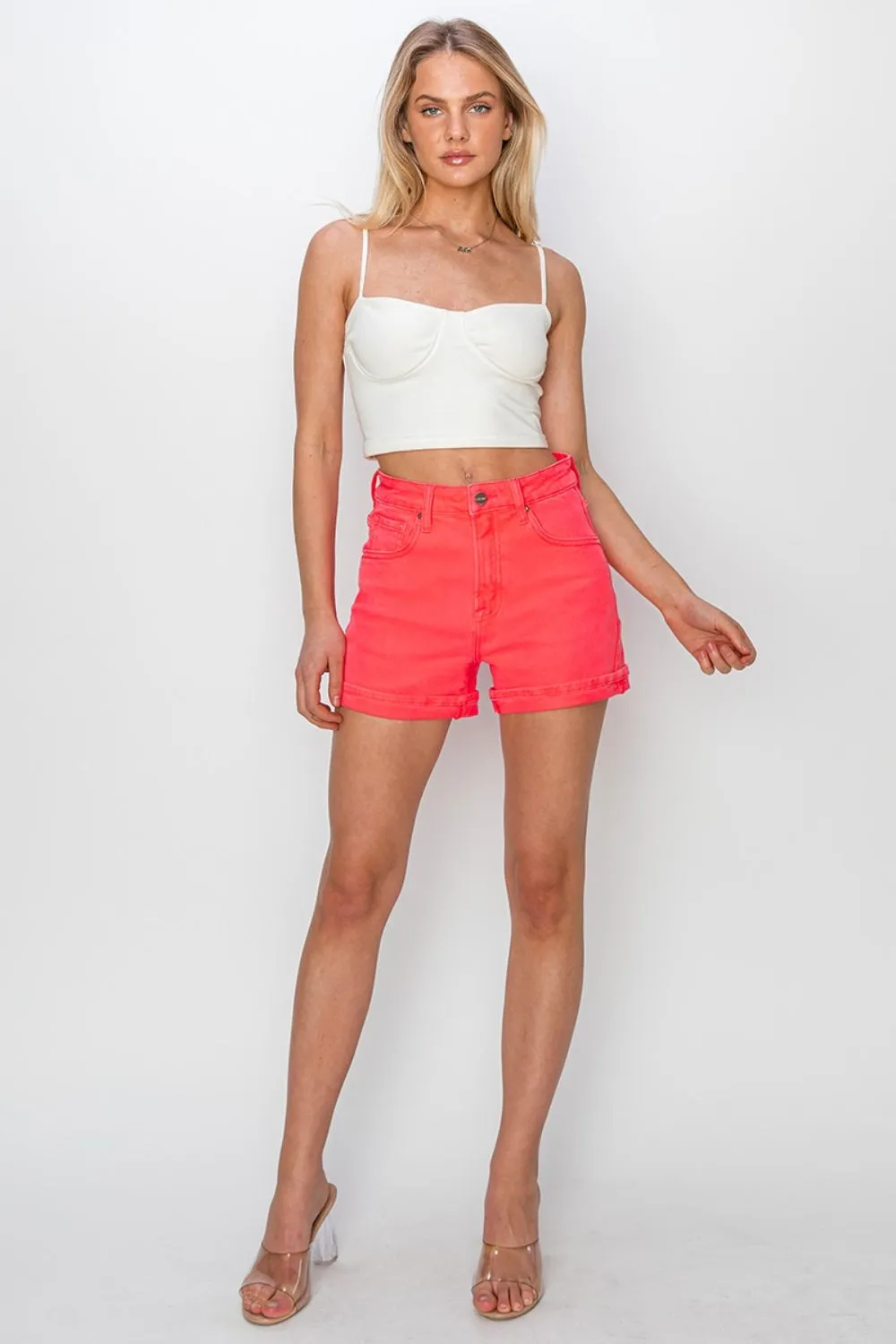High Rise Cuffed Denim Shorts In Coral