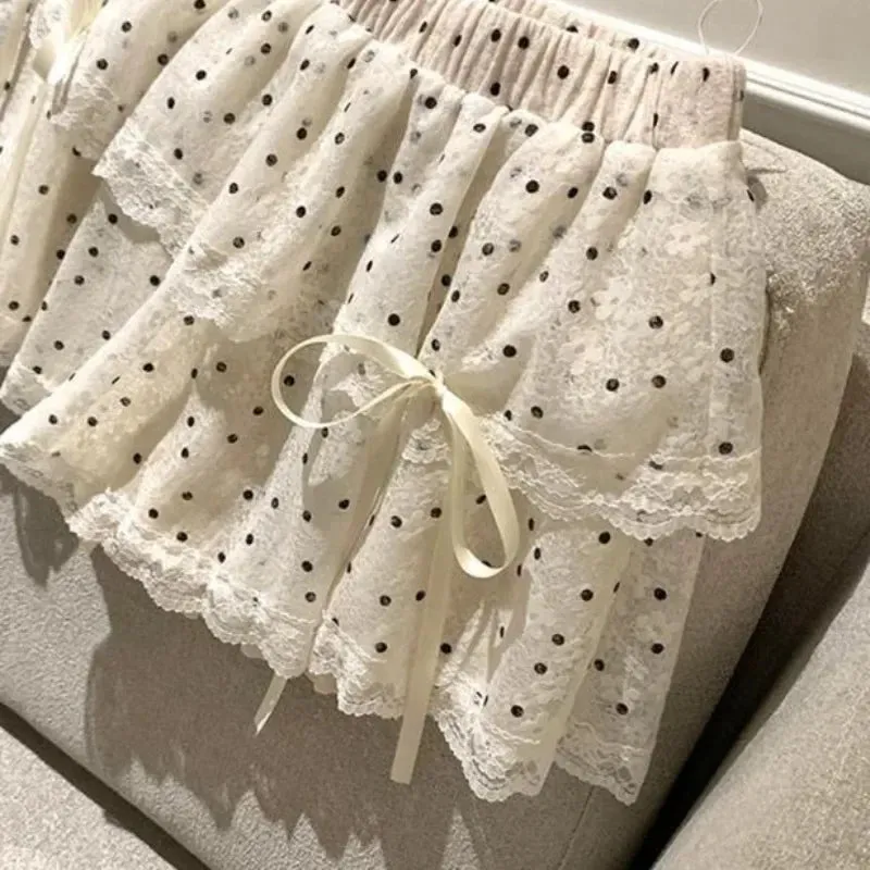JazzHer 2025 New Korean Fashion Sweet Dot Lace Bow Mini Skirt Women Y2k Harajuku A-line Skirt Hot Girl Elastic High Waist Cake Skirts