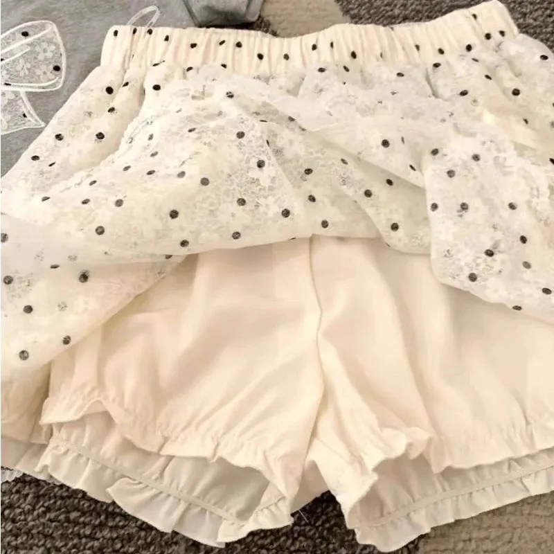 JazzHer 2025 New Korean Fashion Sweet Dot Lace Bow Mini Skirt Women Y2k Harajuku A-line Skirt Hot Girl Elastic High Waist Cake Skirts