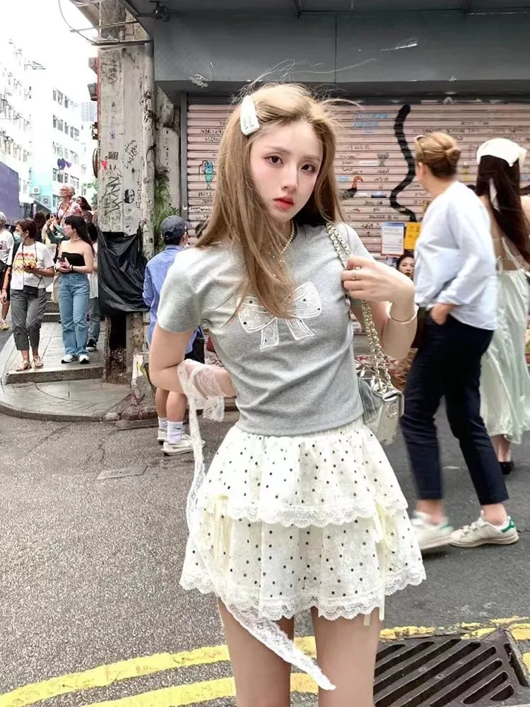 JazzHer 2025 New Korean Fashion Sweet Dot Lace Bow Mini Skirt Women Y2k Harajuku A-line Skirt Hot Girl Elastic High Waist Cake Skirts