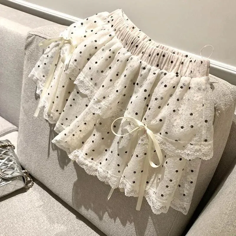JazzHer 2025 New Korean Fashion Sweet Dot Lace Bow Mini Skirt Women Y2k Harajuku A-line Skirt Hot Girl Elastic High Waist Cake Skirts