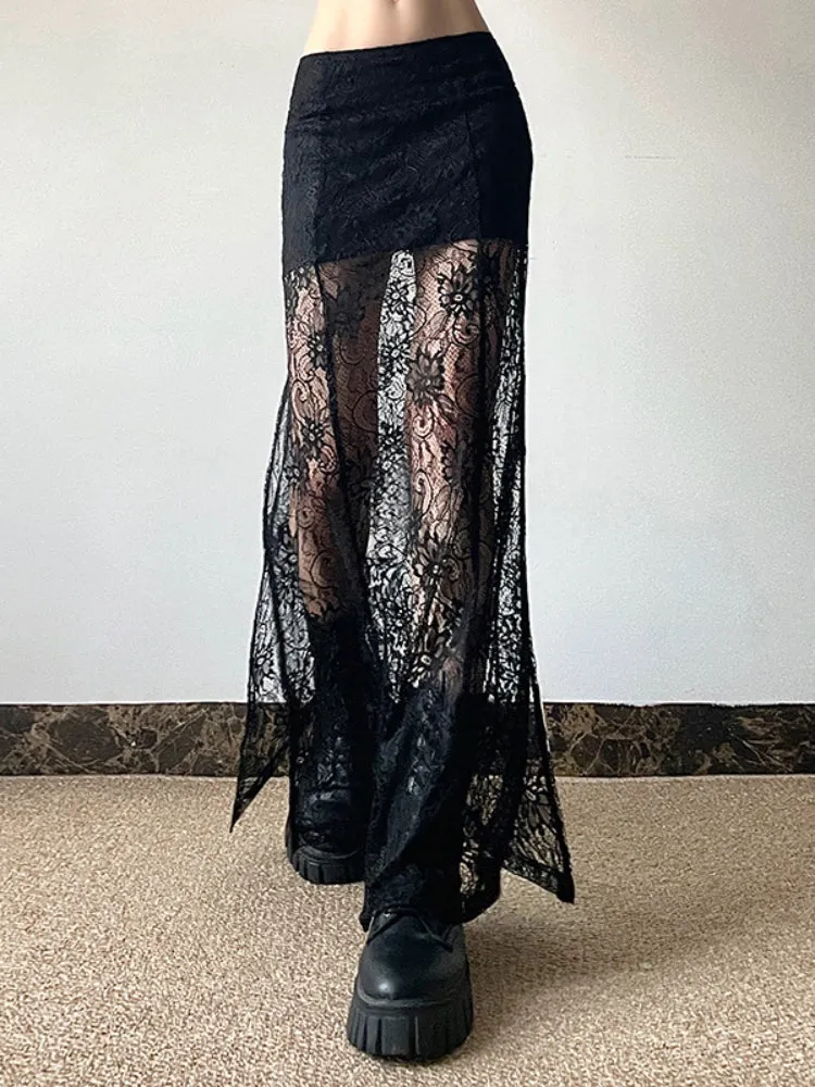 JazzHer Fairy Grunge See Through Skirt Women Streetwear Dark Gothic Lace Patchwork High Waist Skirt Coquette Y2k E-girl Skirts