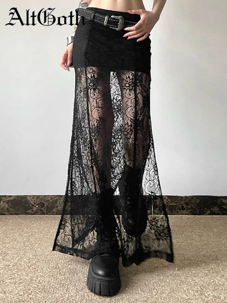 JazzHer Fairy Grunge See Through Skirt Women Streetwear Dark Gothic Lace Patchwork High Waist Skirt Coquette Y2k E-girl Skirts