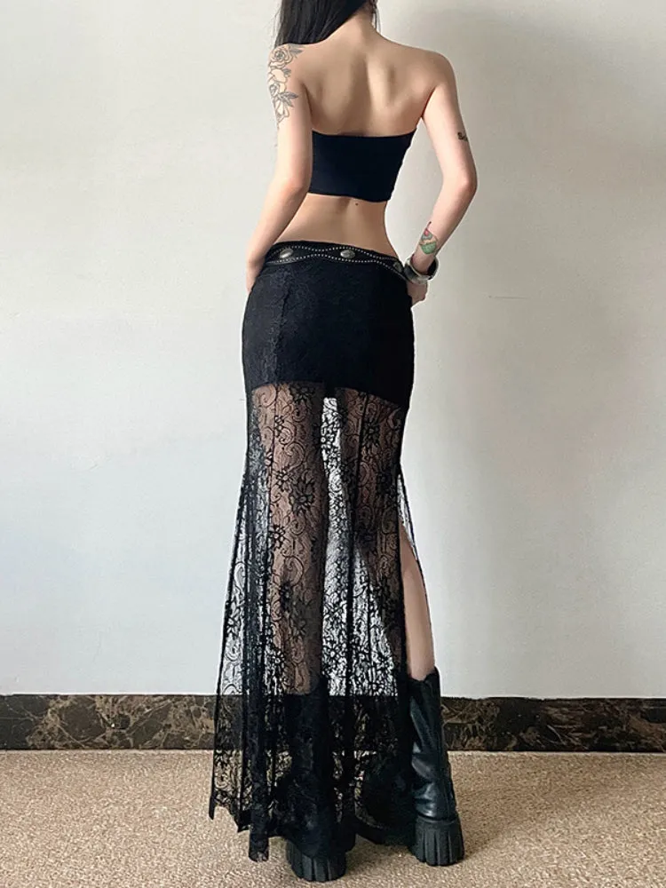 JazzHer Fairy Grunge See Through Skirt Women Streetwear Dark Gothic Lace Patchwork High Waist Skirt Coquette Y2k E-girl Skirts