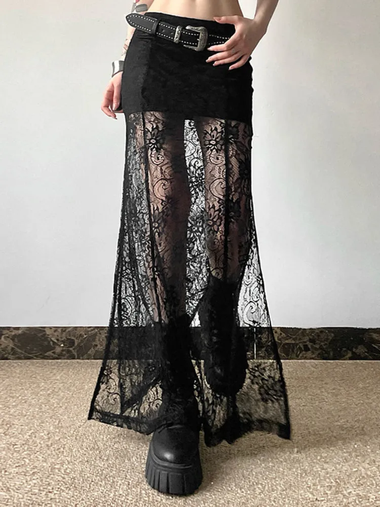 JazzHer Fairy Grunge See Through Skirt Women Streetwear Dark Gothic Lace Patchwork High Waist Skirt Coquette Y2k E-girl Skirts