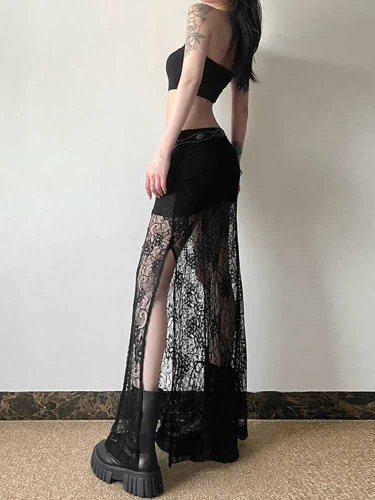JazzHer Fairy Grunge See Through Skirt Women Streetwear Dark Gothic Lace Patchwork High Waist Skirt Coquette Y2k E-girl Skirts