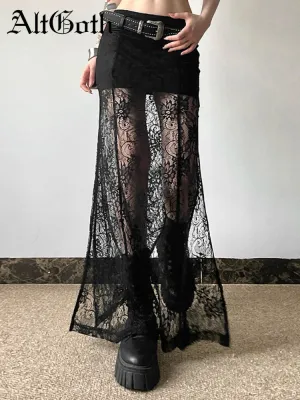 JazzHer Fairy Grunge See Through Skirt Women Streetwear Dark Gothic Lace Patchwork High Waist Skirt Coquette Y2k E-girl Skirts