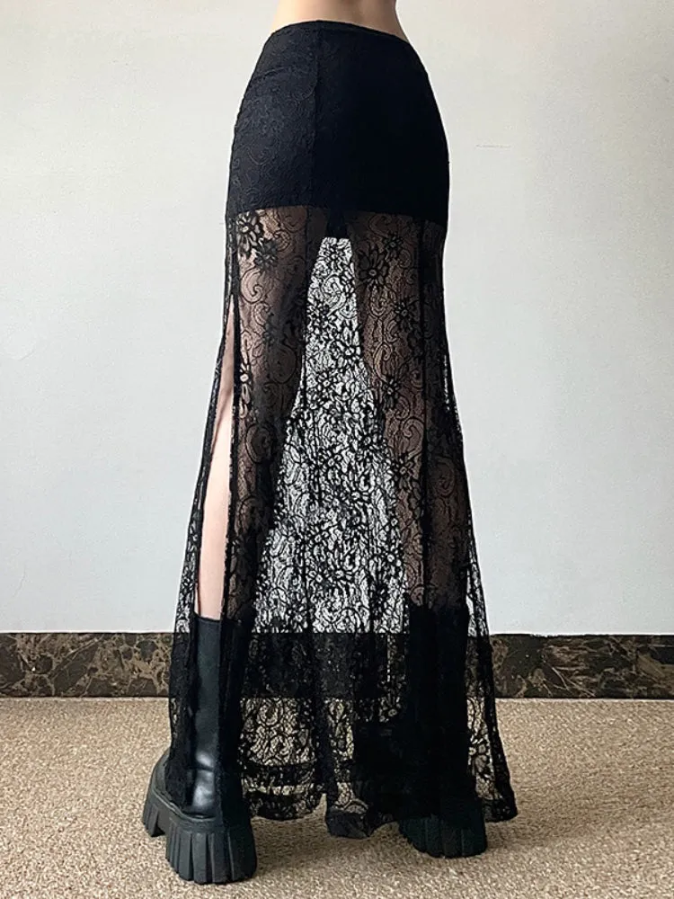 JazzHer Fairy Grunge See Through Skirt Women Streetwear Dark Gothic Lace Patchwork High Waist Skirt Coquette Y2k E-girl Skirts