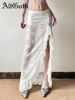 JazzHer Fairycore Y2k Lace Skirt Women Streetwear Pastel Goth See Through Low Waist Split Skirt Vintage Coquette Rave Skirts