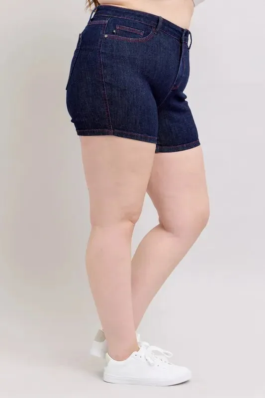 Judy Blue Full Size High Waist Heart Shaped Pkts & Red Contrast Thread Denim Shorts Plus Size
