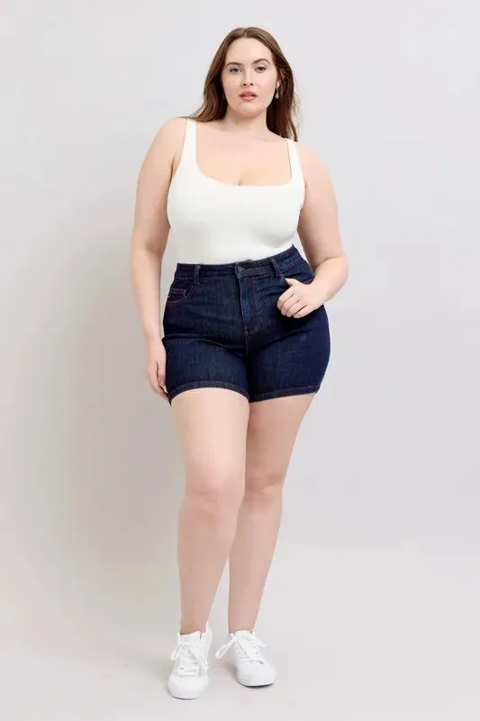 Judy Blue Full Size High Waist Heart Shaped Pkts & Red Contrast Thread Denim Shorts Plus Size