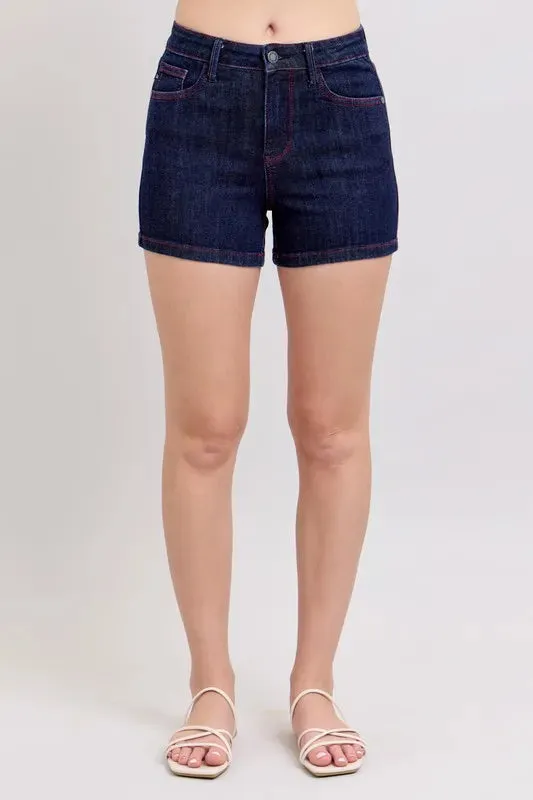 Judy Blue Full Size High Waist Heart Shaped Pkts & Red Contrast Thread Denim Shorts Plus Size