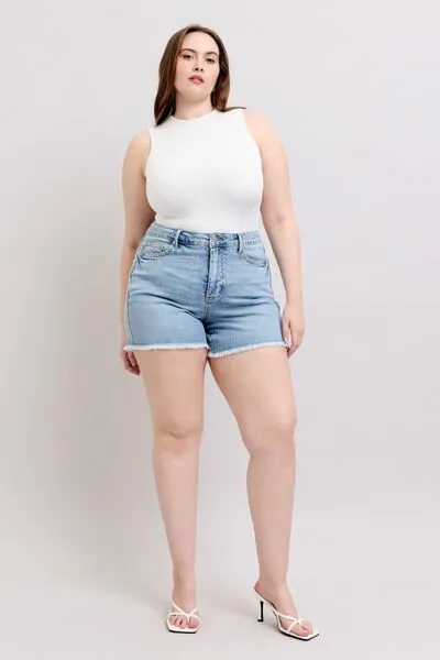Judy Blue Full Size Tummy Control Raw Hem Denim Shorts