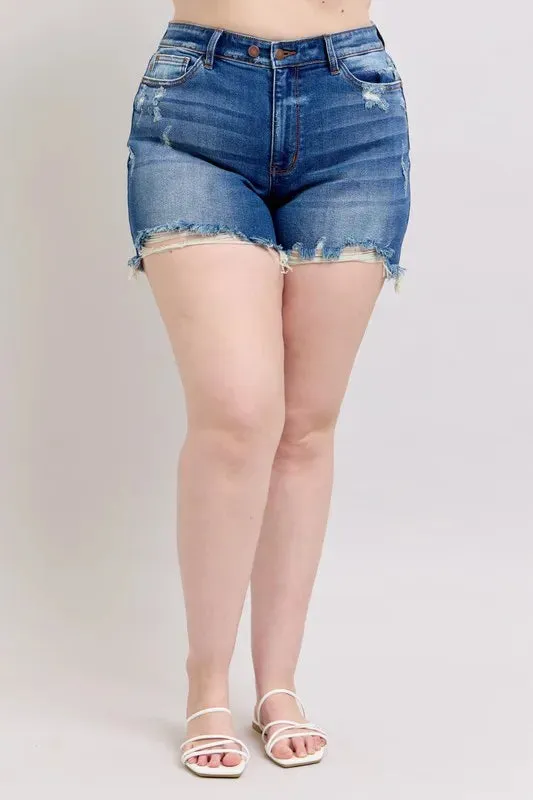 Judy Blue Plus Size 2 Button Dad Shorts with Destrroy