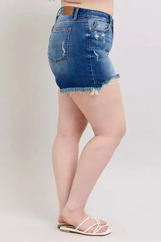 Judy Blue Plus Size 2 Button Dad Shorts with Destrroy
