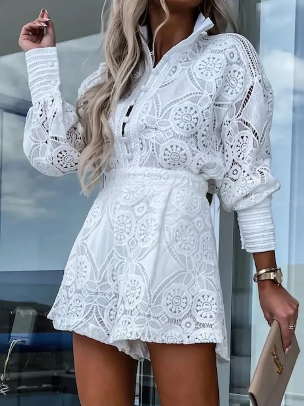 Lace Button Detail Long Sleeve Top and Shorts Set