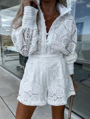 Lace Button Detail Long Sleeve Top and Shorts Set