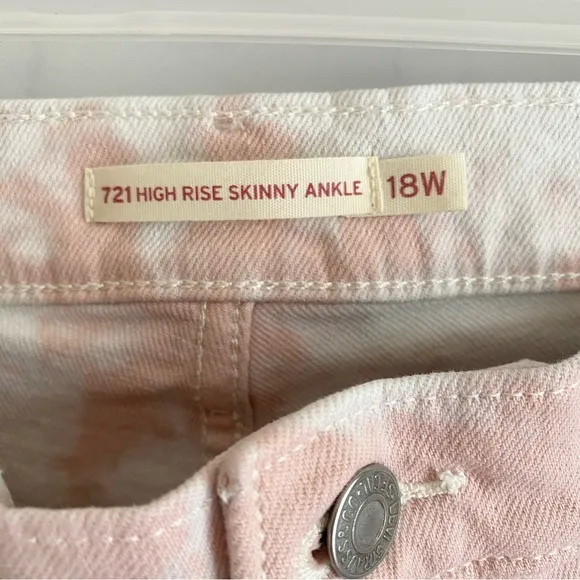 Levi's 721 High Rise Skinny Ankle Pink Tye Dye Raw Hem Jeans Size 18W