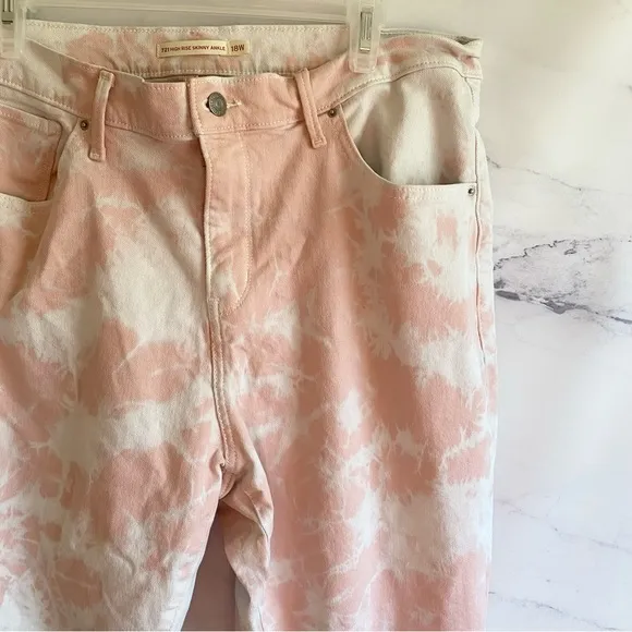 Levi's 721 High Rise Skinny Ankle Pink Tye Dye Raw Hem Jeans Size 18W